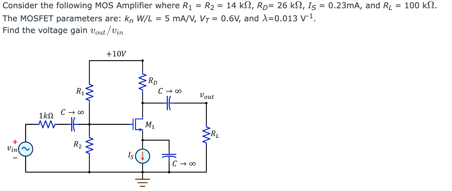  Consider the following MOS Amplifier where R1 = R2 = 14 kΩ, RD = 26 kΩ, IS = 0.23 mA, and RL = 100 kΩ. The MOSFET parameters are: knW/L = 5 mA/V, VT = 0.6 V, and λ = 0.013 V^-1. Find the voltage gain vout/vin.