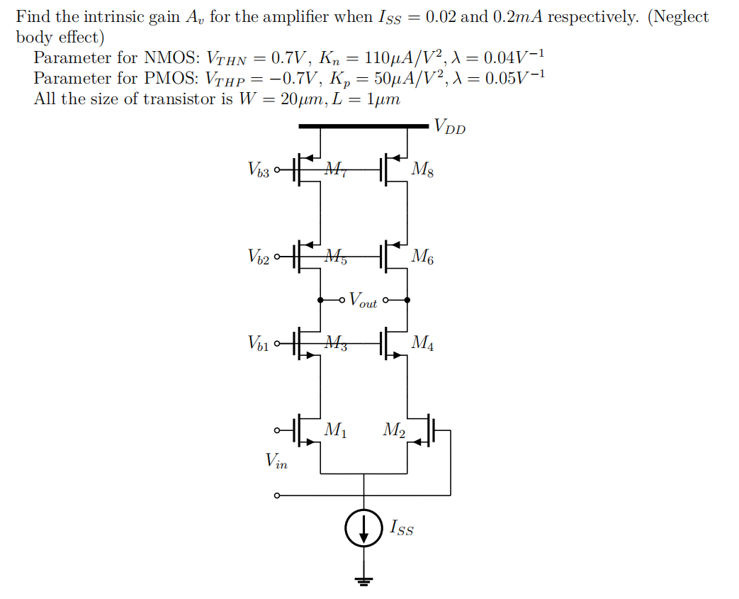 Find the intrinsic gain Av for the amplifier when ISS = 0.02 and 0.2mA respectively. (Neglect body effect) Parameter for NMOS: VTHN = 0.7 V, Kn = 110 μA V2 , λ = 0.04 V-1 Parameter for PMOS: VTHP = -0.7 V, Kp = 50 μA/V2 , λ = 0.05 V-1 All the size of transistor is W = 20 μm, L = 1 μm.