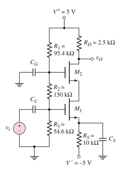 D4.72 For the cascode circuit in Figure 4.51 in the text, the transistor parameters are: VTN1 = VTN2 = 1 V, Kn1 = Kn2 = 2 mA/V2 , and lambda1 = lambda2 = 0. (a) Let RS = 1.2 kohm and R1 + R2 + R3 = 500 kohm. Design the circuit such that IDQ = 3 mA and VDSQ1 = VDSQ2 = 2.5 V. (b) Determine the small-signal voltage gain Av = vo/vi.