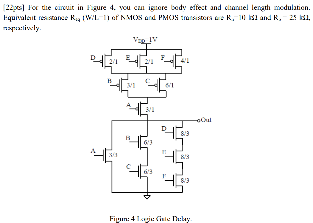 For the circuit in Figure 4, you can ignore body effect and channel length modulation. Equivalent resistance Req (W/L=1) of NMOS and PMOS transistors are Rn = 10 k and Rp = 25 k, respectively. (a) What function is implemented by this circuit? (b) Calculate the worst-case low-to-high propagation delay. Assume that all output capacitances are lumped together into a single load capacitance CL = 45fF. You may ignore all intermediate (internal) capacitances for this part. (c) Calculate the fastest high-to-low propagation delay. CL = 45fF. You may ignore all intermediate (internal) capacitances for this part. (d) What are the input patterns that give the worst-case tpHL and tpLH. State clearly what the initial input patterns are and which input(s) has to make a transition in order to achieve this maximum propagation delay. Consider the effect of the capacitances at the internal nodes for part (d).