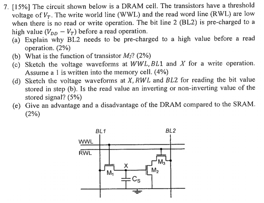 The circuit shown below is a DRAM cell. The transistors have a threshold voltage of VT. The write world line (WWL) and the read word line (RWL) are low when there is no read or write operation. The bit line 2 (BL2) is pre-charged to a high value (VDD−VT) before a read operation. (a) Explain why BL2 needs to be pre-charged to a high value before a read operation. (2%) (b) What is the function of transistor M2 ? (2%) (c) Sketch the voltage waveforms at WWL, BL1 and X for a write operation. Assume a 1 is written into the memory cell. (4%) (d) Sketch the voltage waveforms at X, RWL and BL2 for reading the bit value stored in step (b). Is the read value an inverting or non-inverting value of the stored signal? (5%) (e) Give an advantage and a disadvantage of the DRAM compared to the SRAM. (2%) 