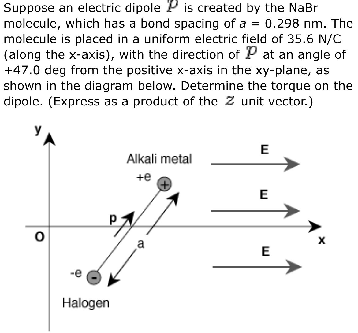 Suppose an electric dipole P is created by the NaBr molecule, which has a bond spacing of a = 0.298 nm. The molecule is placed in a uniform electric field of 35.6 N/C (along the x-axis), with the direction of P at an angle of +47.0 deg from the positive x-axis in the xy-plane, as shown in the diagram below. Determine the torque on the dipole. (Express as a product of the Z unit vector.)