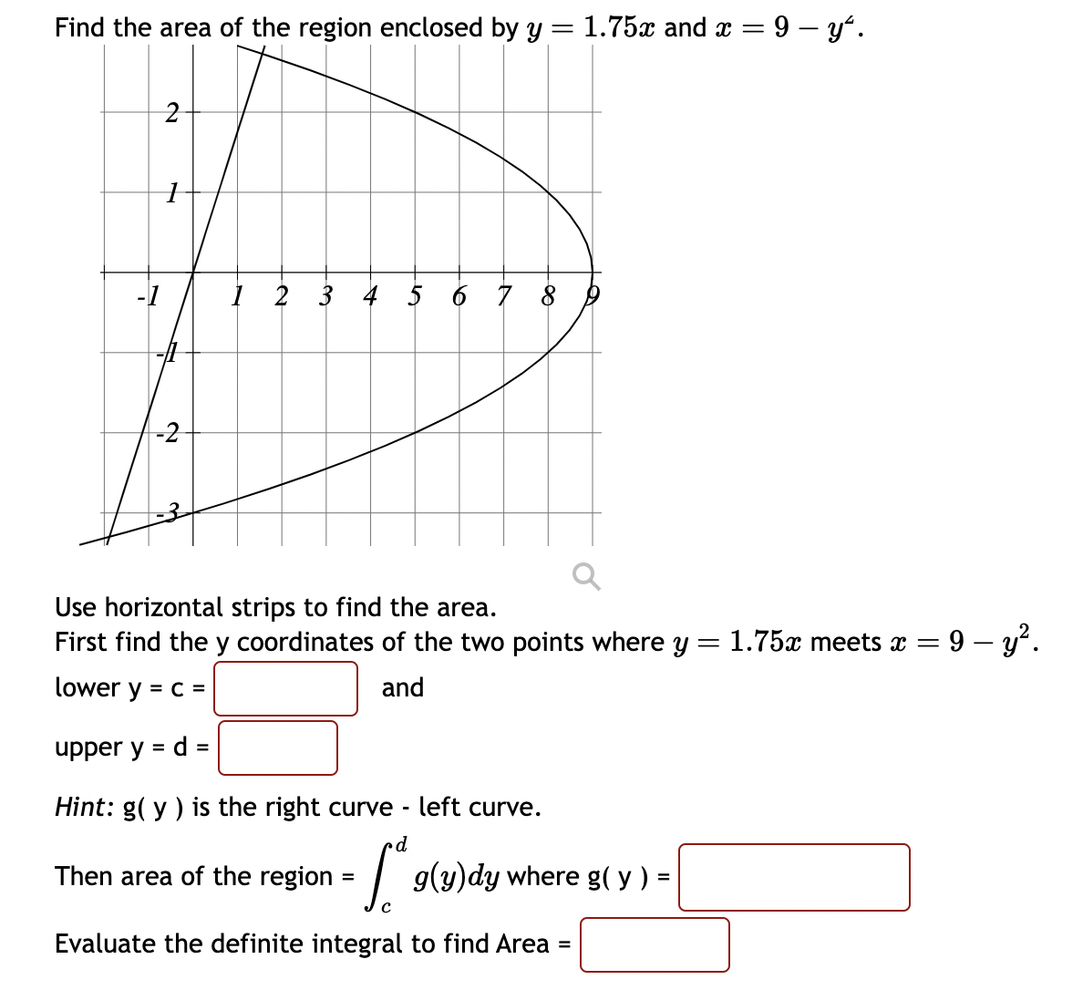 Find the area of the region enclosed by y = 1.75 x and x = 9 − y2. Use horizontal strips to find the area. First find the y coordinates of the two points where y = 1.75 x meets x = 9−y2. lower y = c = and upper y = d = Hint: g(y) is the right curve - left curve. Then area of the region = ∫c d g(y)dy where g(y) = Evaluate the definite integral to find Area =
