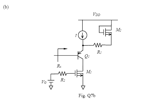Q7. Assume that the AC small signal parameters of the BJT are gm,Q1, rπ,Q1, ro,Q1, βQ1, and the AC small signal parameters of the MOSFETs are gm,Mi, gmb,Mi, ro,Mi, where i = 1, 2. Write down the expressions for the small signal AC equivalent resistance (Rx) of each of the following circuit configurations: (a) Fig. Q7 a (b) Fig. Q7 b