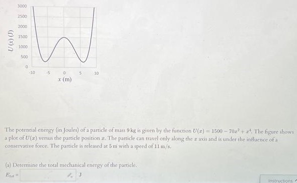 The potential energy (in Joules) of a particle of mass 9 kg is given by the function U(x) = 1500 − 70x2 + x4. The figure shows a plot of U(x) versus the particle position x. The particle can travel only along the x axis and is under the influence of a conservative force. The particle is released at 5 m with a speed of 11 m/s. (a) Determine the total mechanical energy of the particle. Etot = J