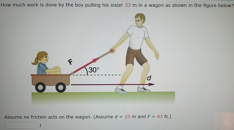 How much work is done by the boy pulling his sister 33 m in a wagon as shown in the figure below? Assume no friction acts on the wagon. (Assume d = 33 m and F = 43 N.) J