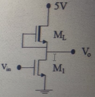 For the NMOS inverter with depletion load assume VDD = 5 V, VT1 = 1 V, and VTL = −1.2 V. For Vin = 0.63, VDG2 is a. 0.25 b. 4.00 c. 5.00 d. 0.00 