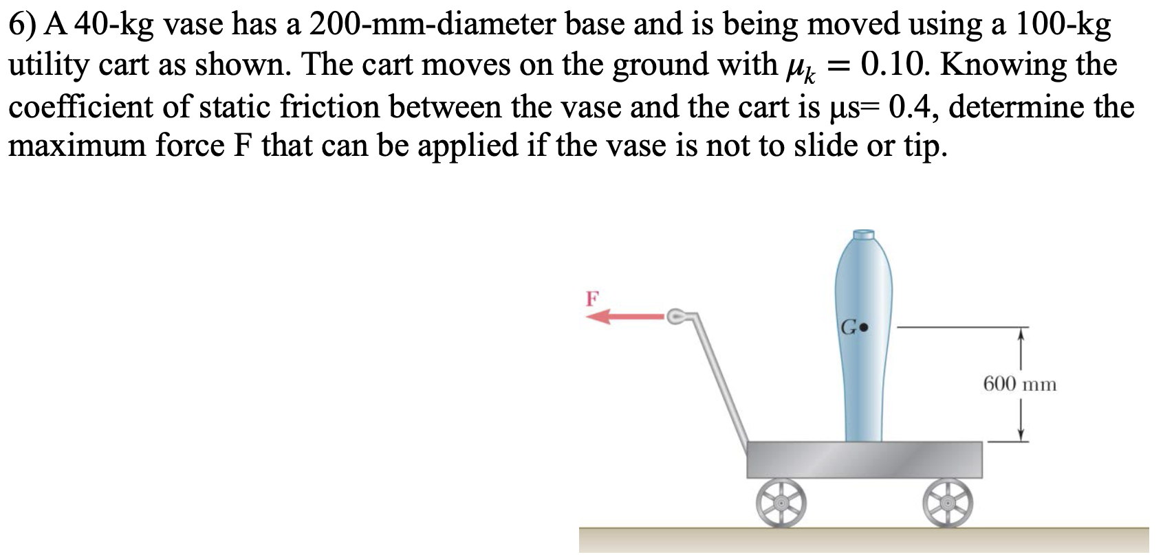A 40−kg vase has a 200−mm-diameter base and is being moved using a 100−kg utility cart as shown. The cart moves on the ground with μk = 0.10. Knowing the coefficient of static friction between the vase and the cart is μs = 0.4, determine the maximum force F that can be applied if the vase is not to slide or tip.