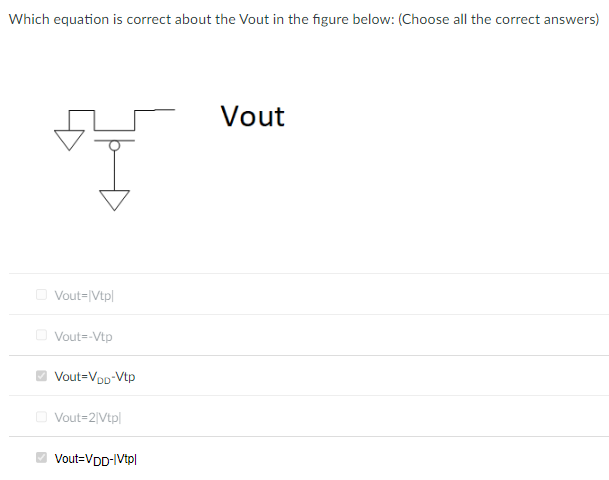 Which equation is correct about the Vout in the figure below: (Choose all the correct answers) Vout Vout = |Vtp| Vout = -Vtp Vout = VDD − Vtp Vout = 2|Vtp| Vout = VDD − |Vtp|