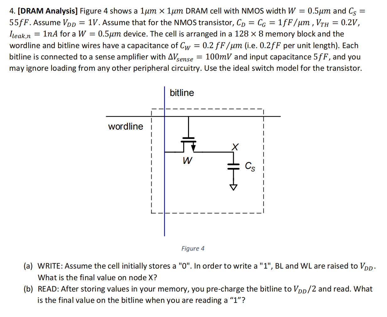 [DRAM Analysis] Figure 4 shows a 1 μm×1 μm DRAM cell with NMOS width W = 0.5 μm and CS = 55 fF. Assume VDD = 1 V. Assume that for the NMOS transistor, CD = CG = 1 fF/μm, VTH = 0.2 V, Ileak, n = 1 nA for a W = 0.5 μm device. The cell is arranged in a 128×8 memory block and the wordline and bitline wires have a capacitance of CW = 0.2 fF/μm (i. e. 0.2 fF per unit length). Each bitline is connected to a sense amplifier with ΔVsense = 100 mV and input capacitance 5 fF, and you may ignore loading from any other peripheral circuitry. Use the ideal switch model for the transistor. Figure 4 (a) WRITE: Assume the cell initially stores a " 0 ". In order to write a "1", BL and WL are raised to VDD. What is the final value on node X ? (b) READ: After storing values in your memory, you pre-charge the bitline to VDD/2 and read. What is the final value on the bitline when you are reading a " 1 "? 