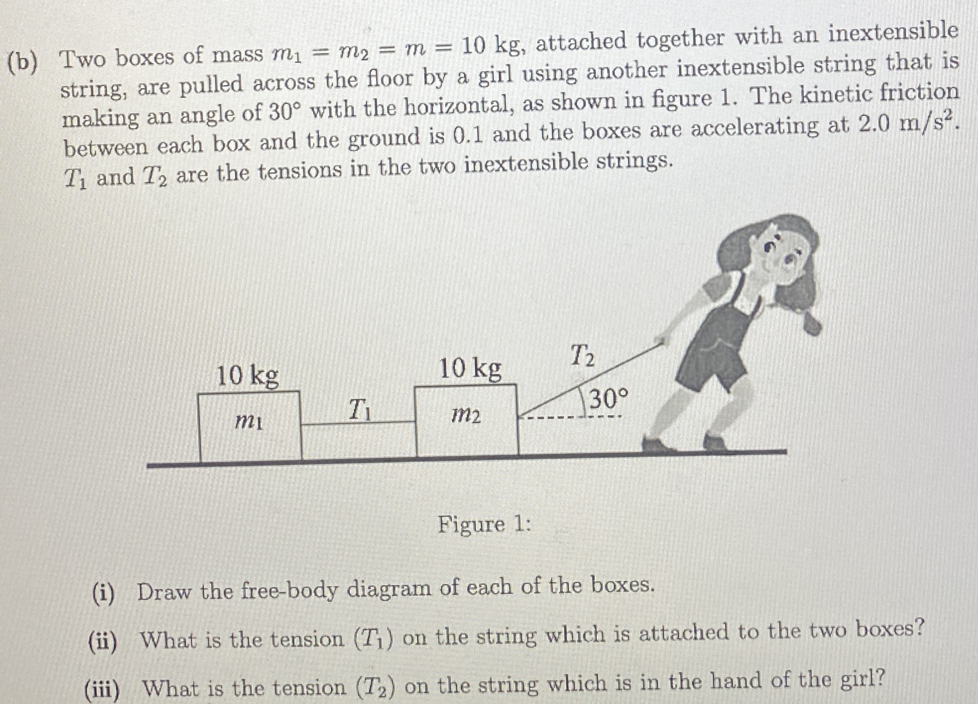 (b) Two boxes of mass m1 = m2 = m = 10 kg, attached together with an inextensible string, are pulled across the floor by a girl using another inextensible string that is making an angle of 30∘ with the horizontal, as shown in figure 1. The kinetic friction between each box and the ground is 0.1 and the boxes are accelerating at 2.0 m/s2. T1 and T2 are the tensions in the two inextensible strings. Figure 1: (i) Draw the free-body diagram of each of the boxes. (ii) What is the tension (T1) on the string which is attached to the two boxes? (iii) What is the tension (T2) on the string which is in the hand of the girl?
