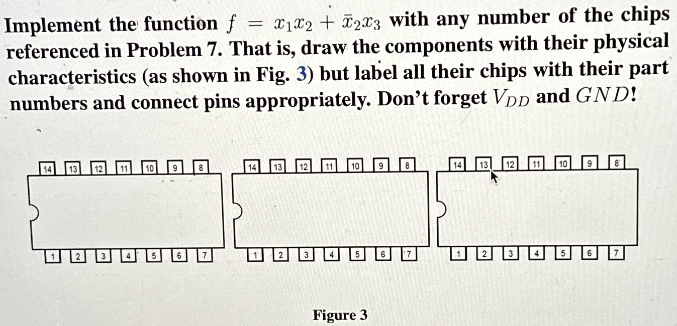Implement the function f = x1x2 + x¯2x3 with any number of the chips referenced in Problem 7. That is, draw the components with their physical characteristics (as shown in Fig. 3) but label all their chips with their part numbers and connect pins appropriately. Don't forget VDD and GND ! Figure 3