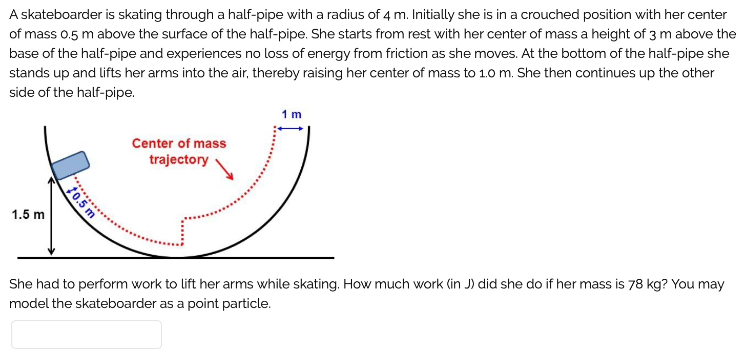 A skateboarder is skating through a half-pipe with a radius of 4 m. Initially she is in a crouched position with her center of mass 0.5 m above the surface of the half-pipe. She starts from rest with her center of mass a height of 3 m above the base of the half-pipe and experiences no loss of energy from friction as she moves. At the bottom of the half-pipe she stands up and lifts her arms into the air, thereby raising her center of mass to 1.0 m. She then continues up the other side of the half-pipe. She had to perform work to lift her arms while skating. How much work (in J) did she do if her mass is 78 kg? You may model the skateboarder as a point particle.