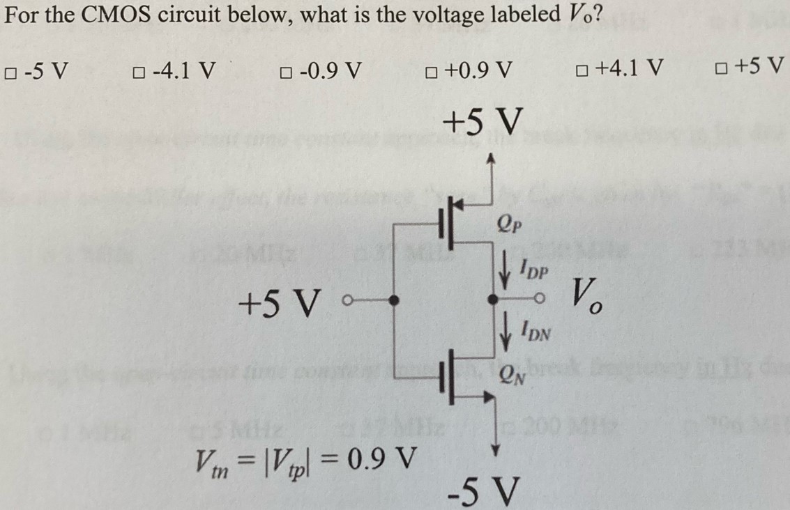 For the CMOS circuit below, what is the voltage labeled V0? -5 V -4.1 V -0.9 V +0.9 V +4.1 V +5 V Vtn = |Vtp| = 0.9 V