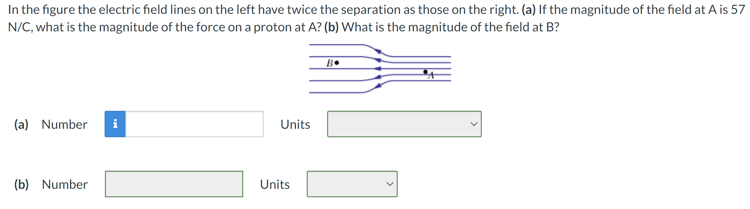 In the figure the electric field lines on the left have twice the separation as those on the right. (a) If the magnitude of the field at A is 57 N/C, what is the magnitude of the force on a proton at A? (b) What is the magnitude of the field at B? (a) Number Units (b) Number Units
